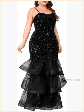 Sleeveless Sequin Mesh Patchwork Maxi Dress Plus Size Mermaid Formal Gown